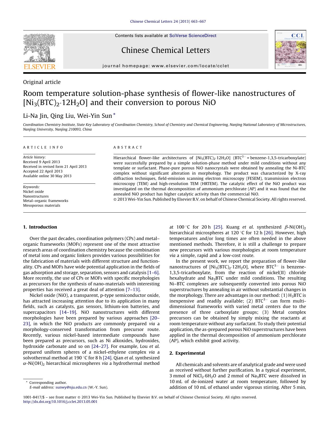 Room temperature solution-phase synthesis of flower-like nanostructures of [Ni3(BTC)2Â·12H2O] and their conversion to porous NiO by Li-Na Jin & Qing Liu & Wei-Yin Sun