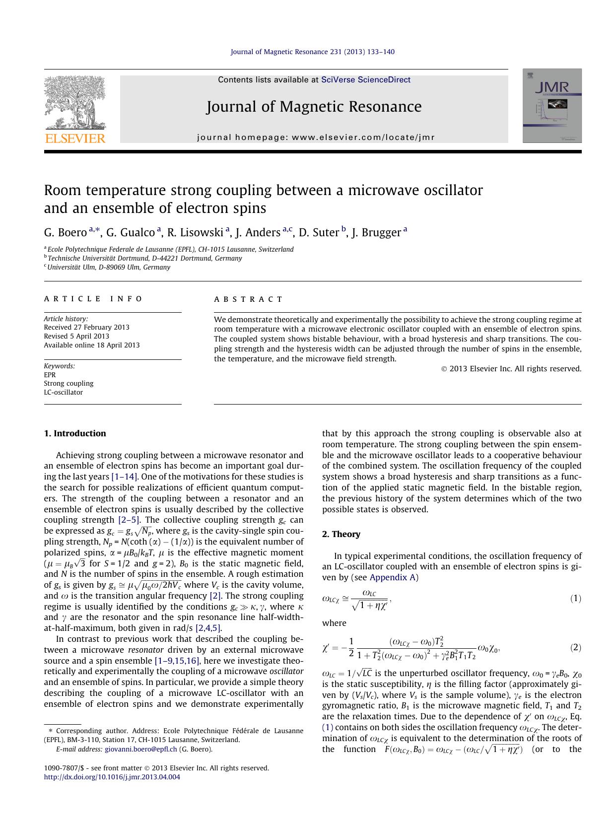 Room temperature strong coupling between a microwave oscillator and an ensemble of electron spins by G. Boero & G. Gualco & R. Lisowski & J. Anders & D. Suter & J. Brugger