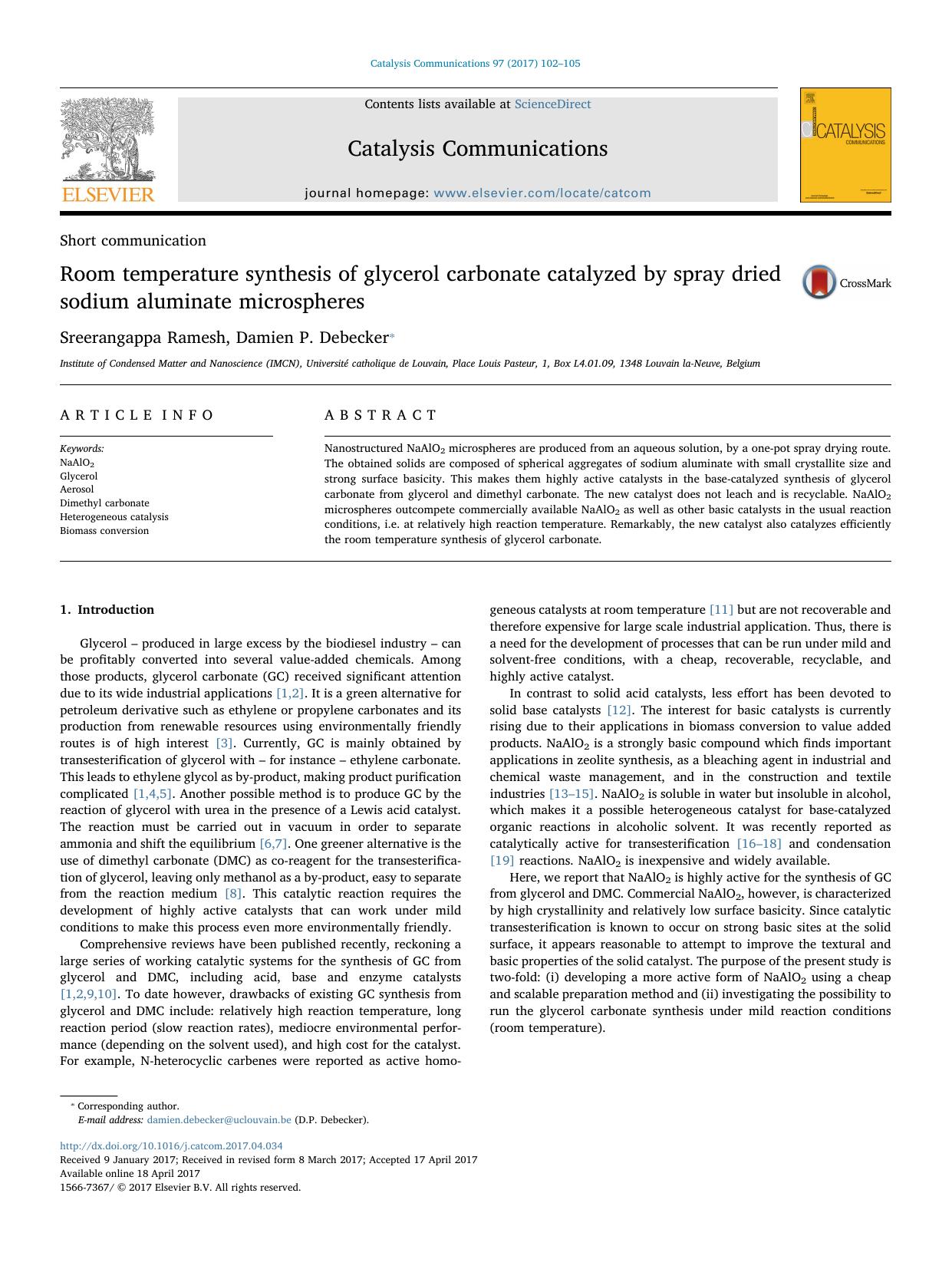 Room temperature synthesis of glycerol carbonate catalyzed by spray dried sodium aluminate microspheres by Sreerangappa Ramesh & Damien P. Debecker