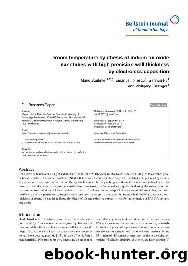 Room temperature synthesis of indium tin oxide nanotubes with high precision wall thickness by electroless deposition by Mario Boehme Emanuel Ionescu Ganhua Fu Wolfgang Ensinger