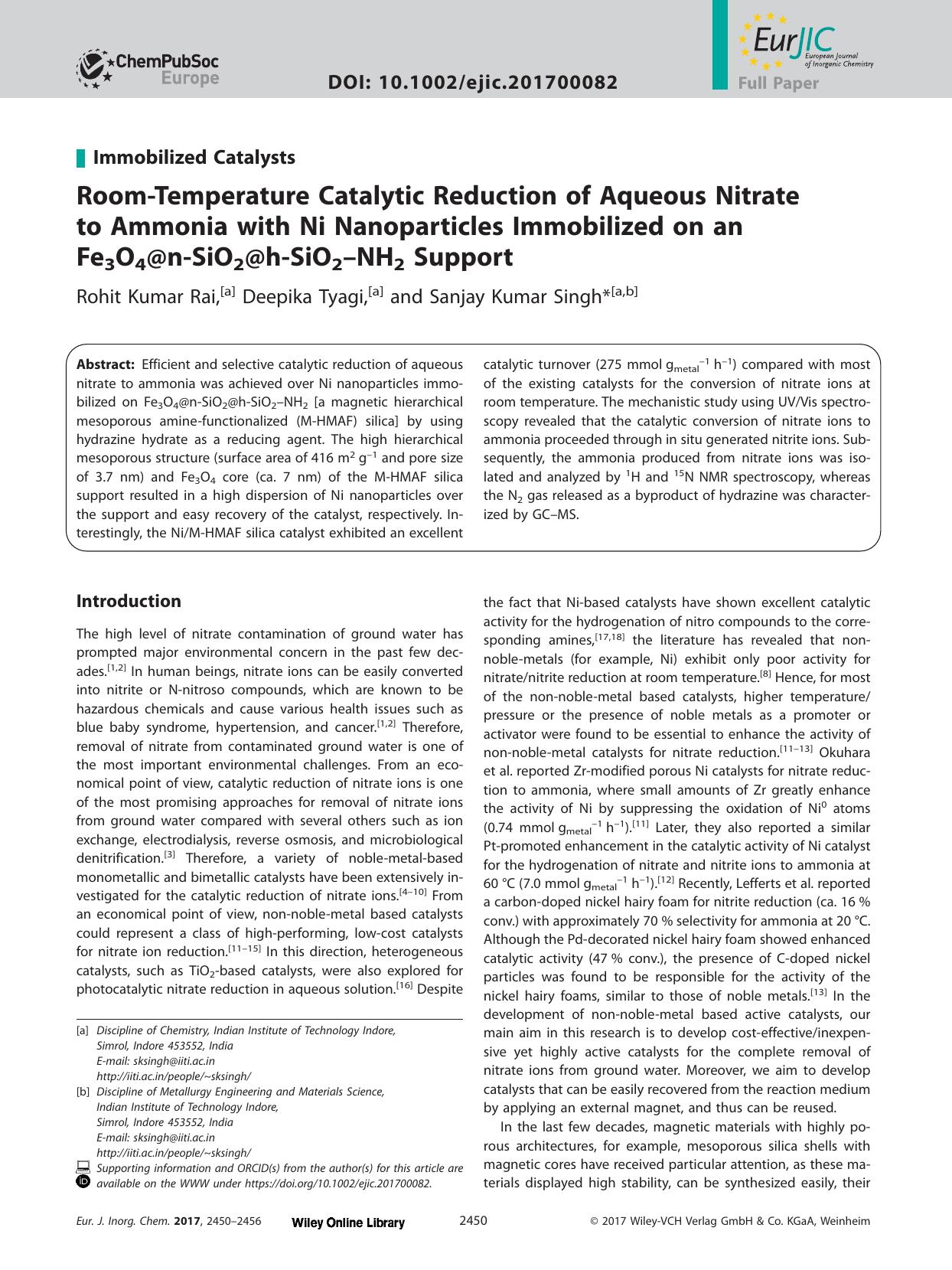 Room&#x02010;Temperature Catalytic Reduction of Aqueous Nitrate to Ammonia with Ni Nanoparticles Immobilized on an Fe<sub>3<sub>O<sub>4<sub>@n&#x02010;SiO<sub>2<sub>@h&#x02010;SiO< by Unknown