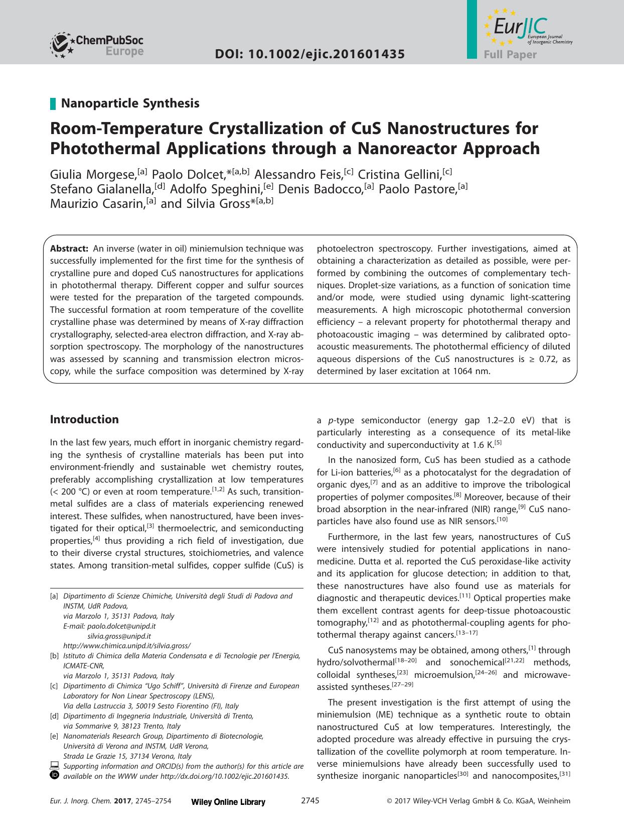 Room&#x02010;Temperature Crystallization of CuS Nanostructures for Photothermal Applications through a Nanoreactor Approach by Unknown