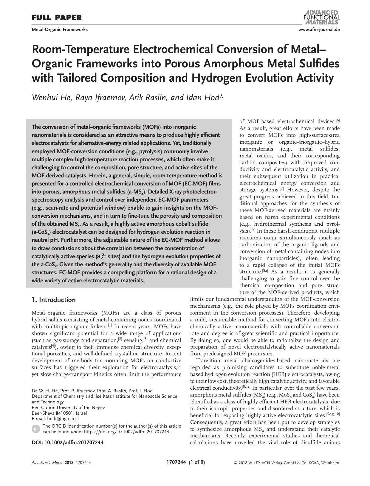 Room&#x02010;Temperature Electrochemical Conversion of Metal&#x02013;Organic Frameworks into Porous Amorphous Metal Sulfides with Tailored Composition and Hydrogen Evolution Activity by Unknown