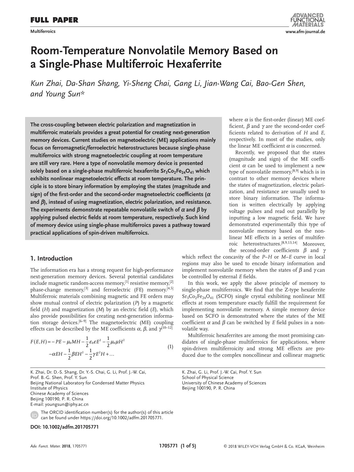 Room&#x02010;Temperature Nonvolatile Memory Based on a Single&#x02010;Phase Multiferroic Hexaferrite by Unknown