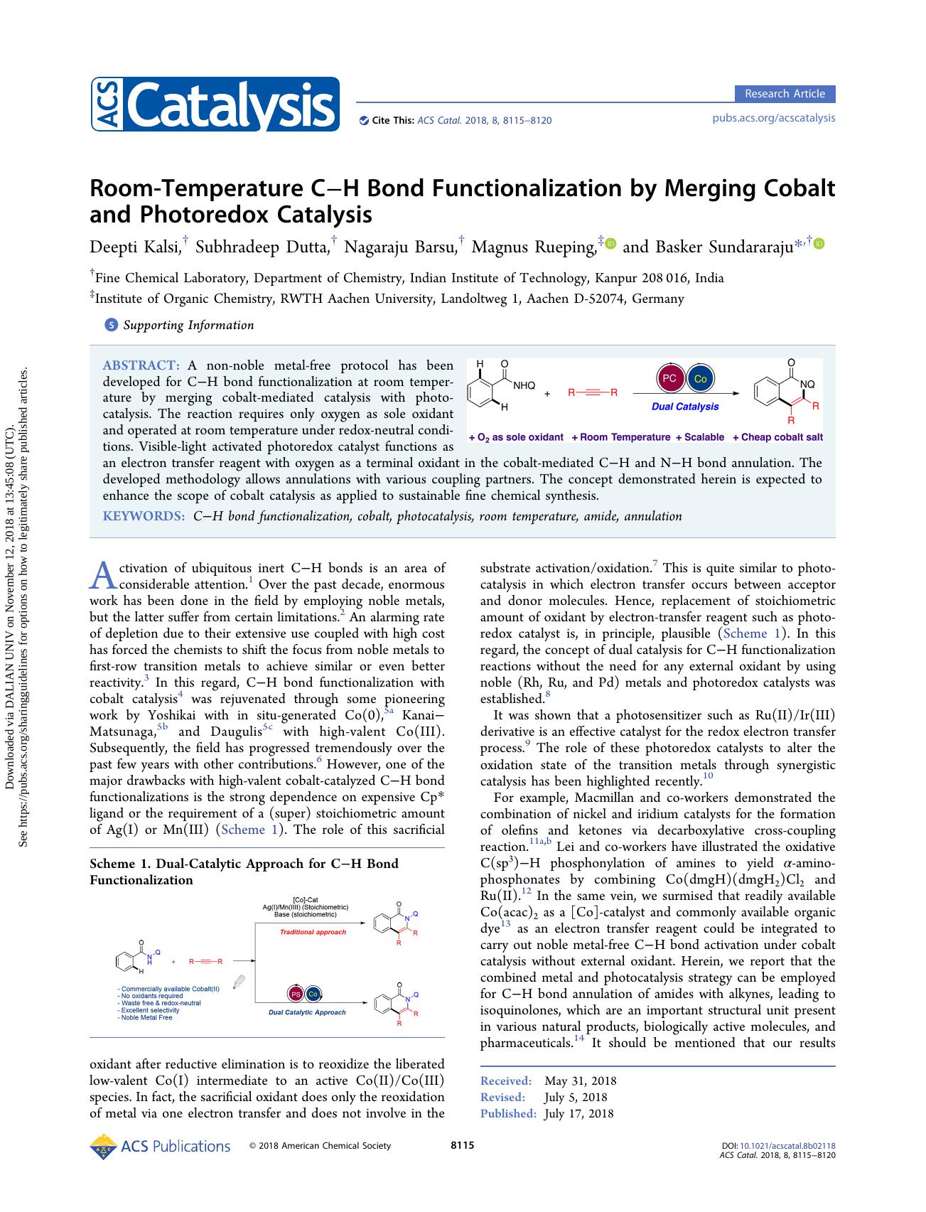 Room-Temperature CâH Bond Functionalization by Merging Cobalt and Photoredox Catalysis by Deepti Kalsi & Subhradeep Dutta & Nagaraju Barsu & Magnus Rueping & Basker Sundararaju