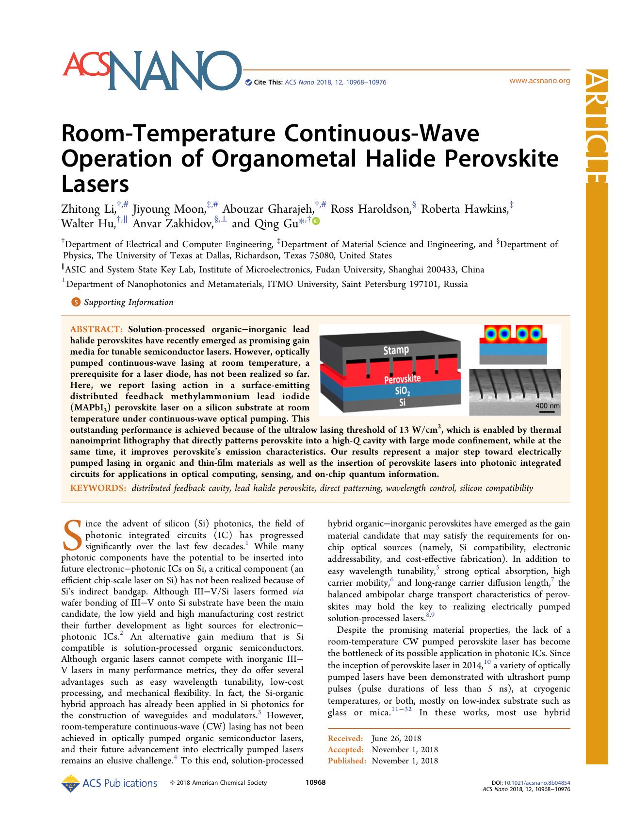 Room-Temperature Continuous-Wave Operation of Organometal Halide Perovskite Lasers by unknow