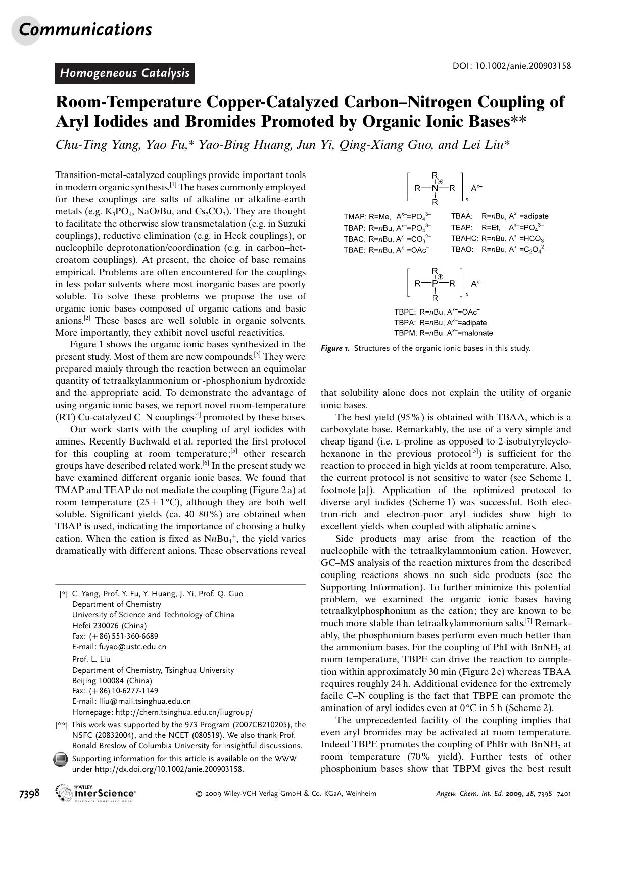 Room-Temperature Copper-Catalyzed Carbon-Nitrogen Coupling of Aryl Iodides and Bromides Promoted by Organic Ionic Bases by Unknown