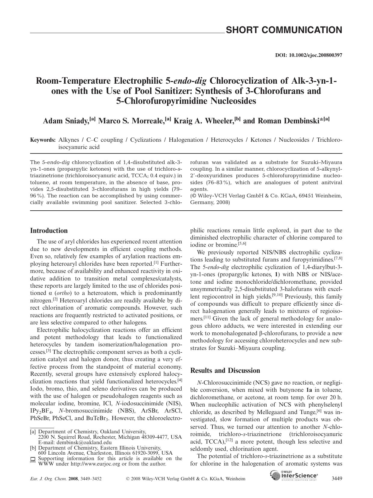 Room-Temperature Electrophilic 5-endo-dig Chlorocyclization of Alk-3-yn-1-ones with the Use of Pool Sanitizer: Synthesis of 3-Chlorofurans and 5-Chlorofuropyrimidine Nucleosides by Unknown