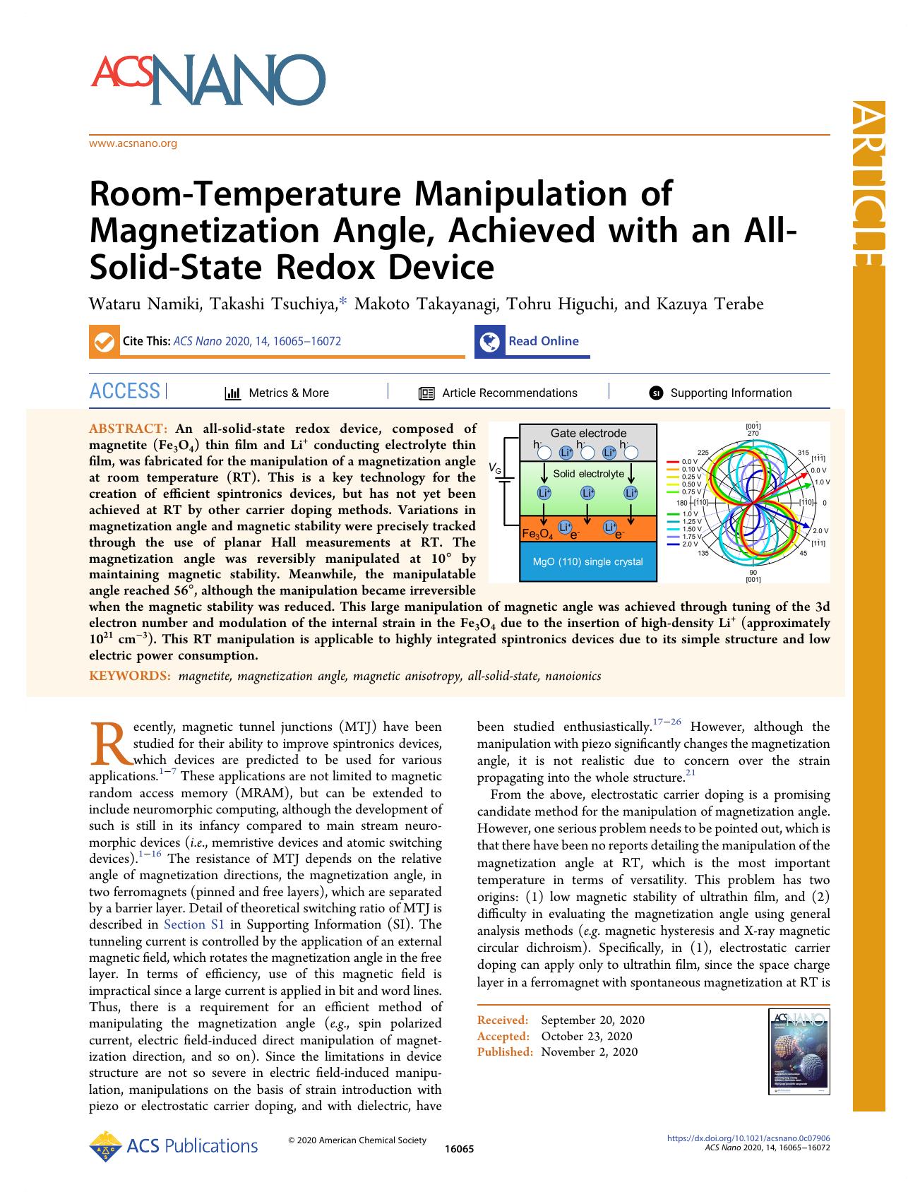 Room-Temperature Manipulation of Magnetization Angle, Achieved with an All-Solid-State Redox Device by Wataru Namiki Takashi Tsuchiya Makoto Takayanagi Tohru Higuchi and Kazuya Terabe