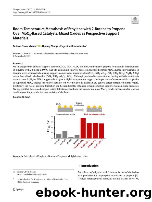 Room-Temperature Metathesis of Ethylene with 2-Butene to Propene Over MoOx-Based Catalysts: Mixed Oxides as Perspective Support Materials by Tatiana Otroshchenko & Qiyang Zhang & Evgenii V. Kondratenko