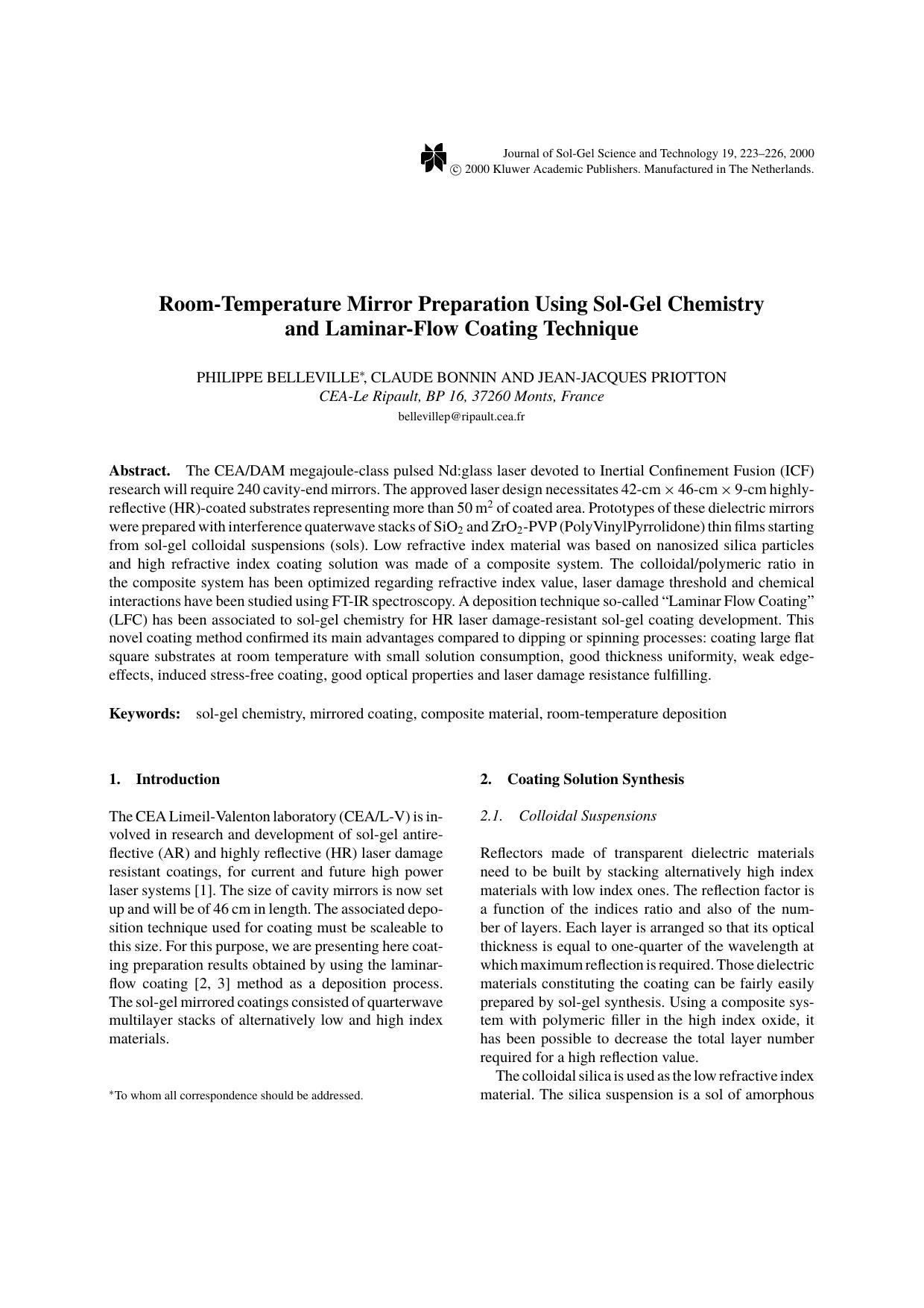 Room-Temperature Mirror Preparation Using Sol-Gel Chemistry and Laminar-Flow Coating Technique by Unknown