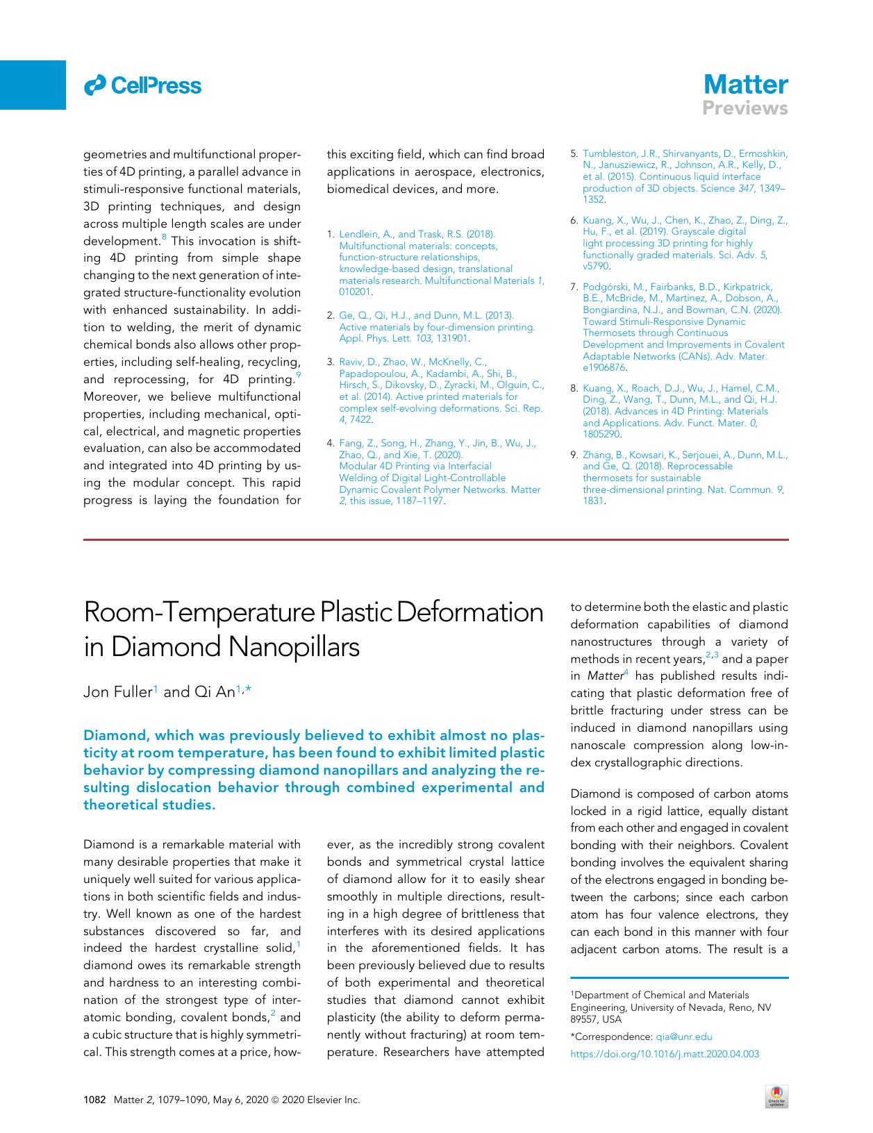 Room-Temperature Plastic Deformation in Diamond Nanopillars by Jon Fuller & Qi An
