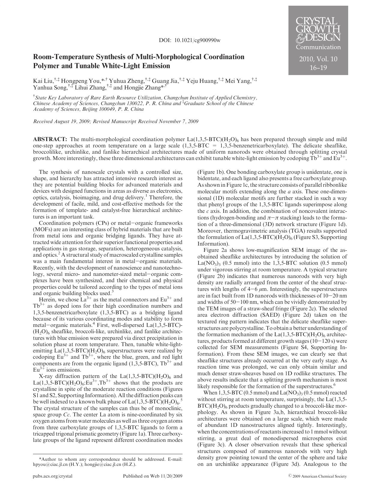 Room-Temperature Synthesis of Multi-Morphological Coordination Polymer and Tunable White-Light Emission by Unknown