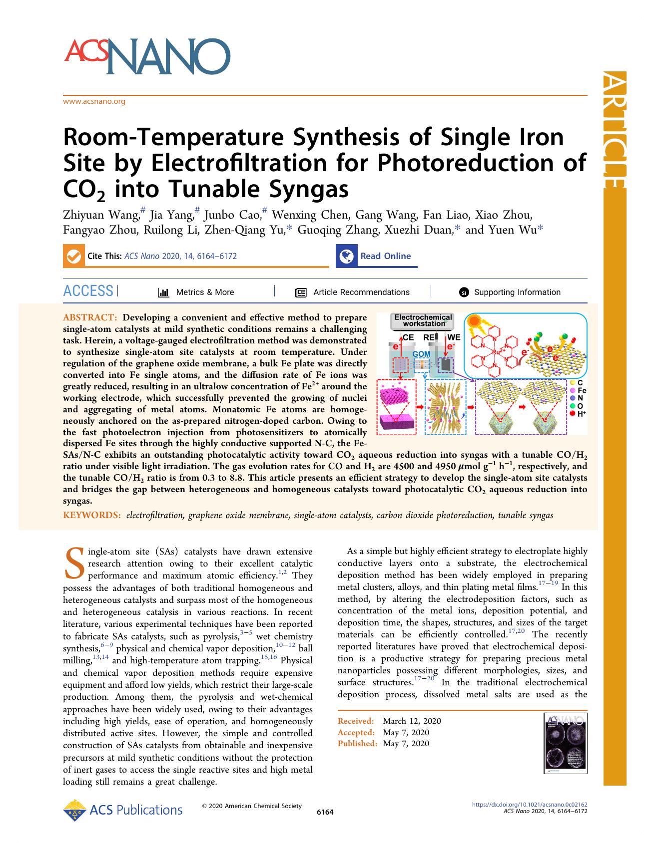 Room-Temperature Synthesis of Single Iron Site by Electrofiltration for Photoreduction of CO2 into Tunable Syngas by unknow