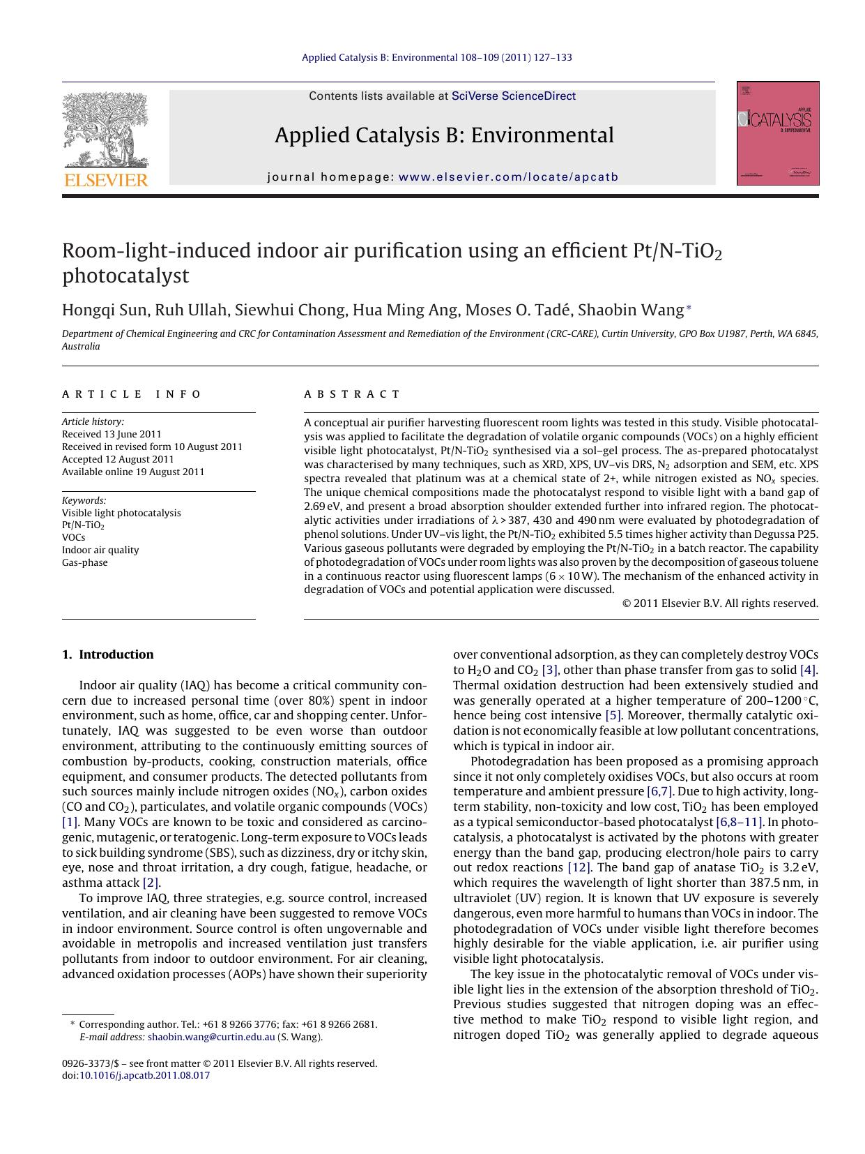 Room-light-induced indoor air purification using an efficient PtN-TiO2 photocatalyst by Hongqi Sun