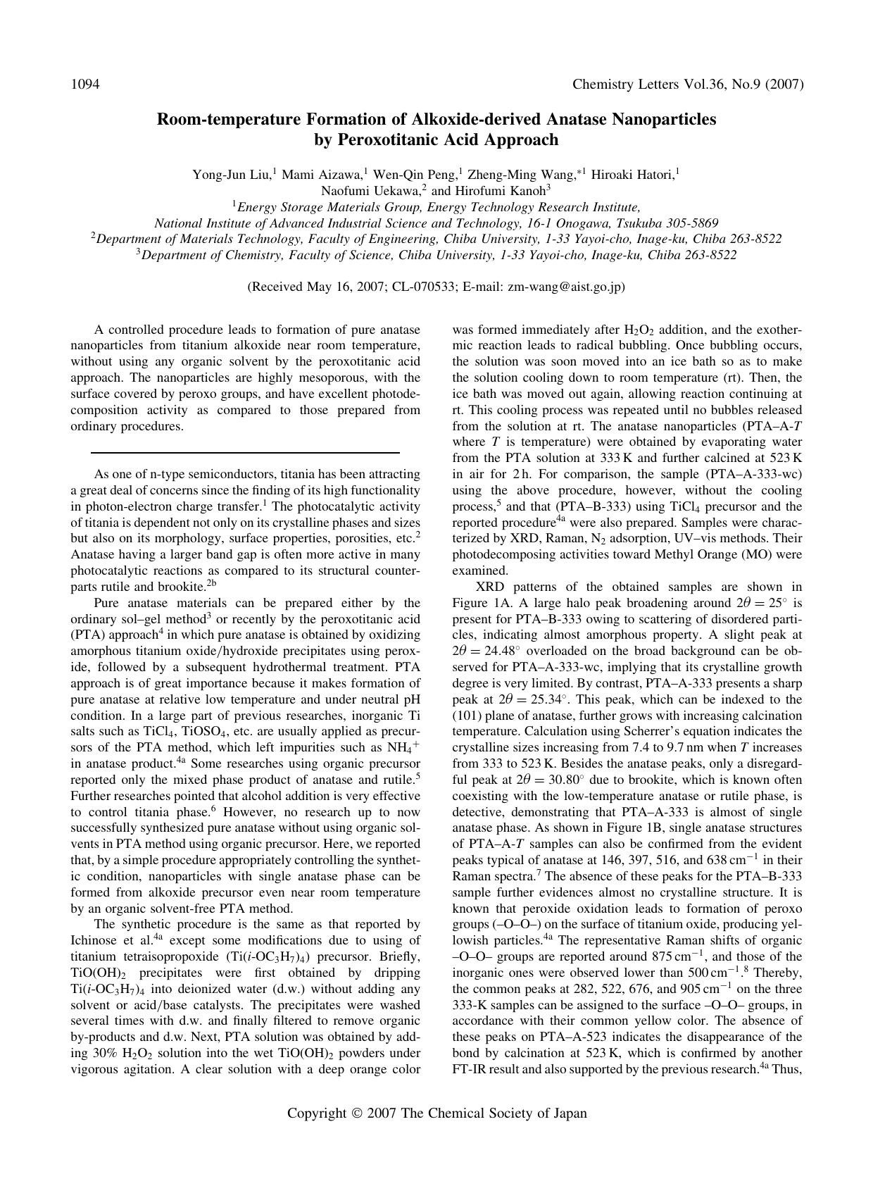 Room-temperature Formation of Alkoxide-derived Anatase Nanoparticles by Peroxotitanic Acid Approach by unknow