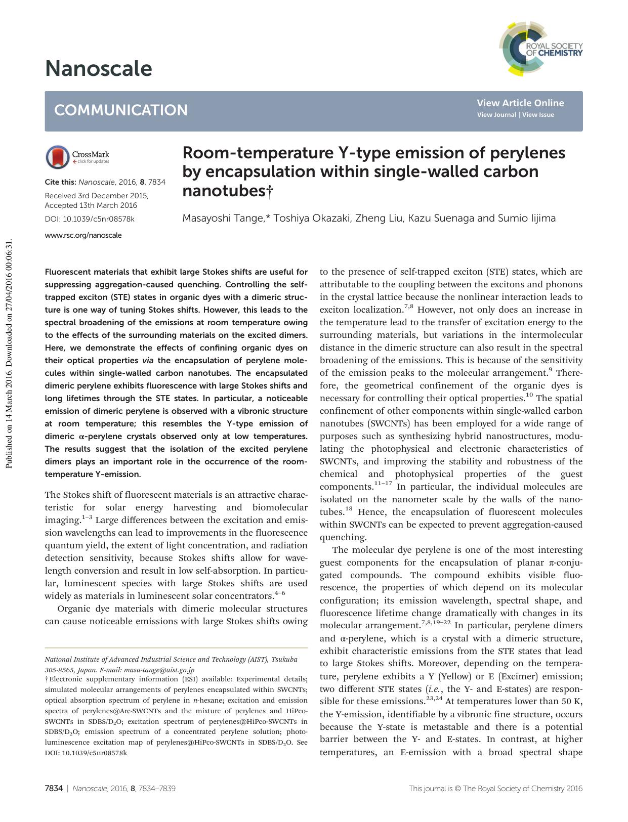 Room-temperature Y-type emission of perylenes by encapsulation within single-walled carbon nanotubes by Masayoshi Tange Toshiya Okazaki Zheng Liu Kazu Suenaga Sumio Iijima