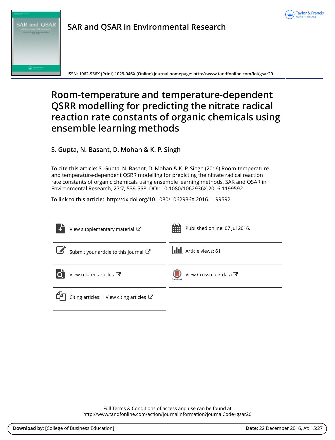 Room-temperature and temperature-dependent QSRR modelling for predicting the nitrate radical reaction rate constants of organic chemicals using ensemble learning methods by S. Gupta & N. Basant & D. Mohan & K. P. Singh