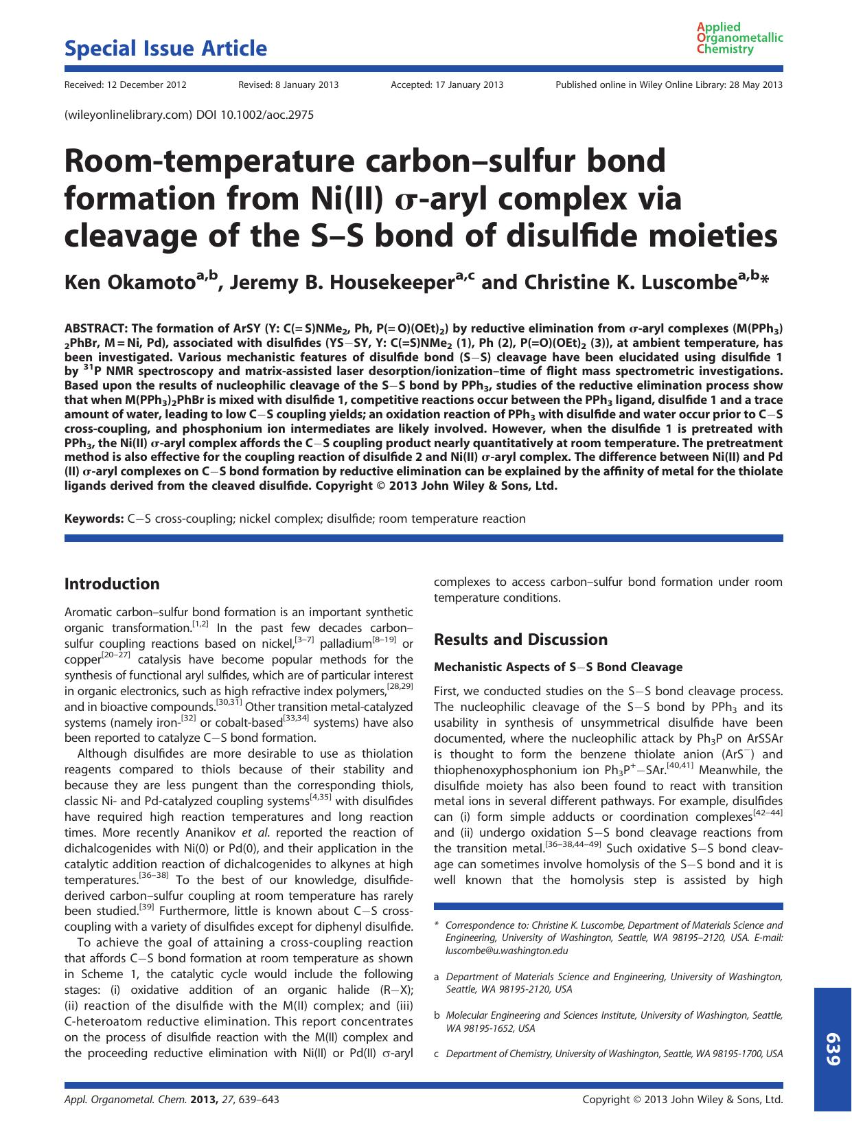 Room-temperature carbonsulfur bond formation from Ni(II) -aryl complex via cleavage of the SS bond of disulfide moieties by Unknown