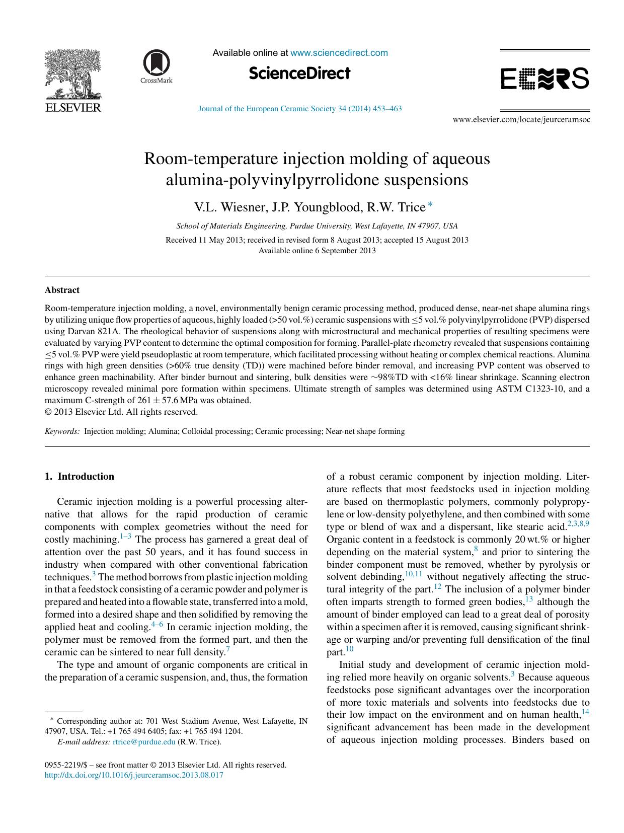 Room-temperature injection molding of aqueous alumina-polyvinylpyrrolidone suspensions by V.L. Wiesner & J.P. Youngblood & R.W. Trice
