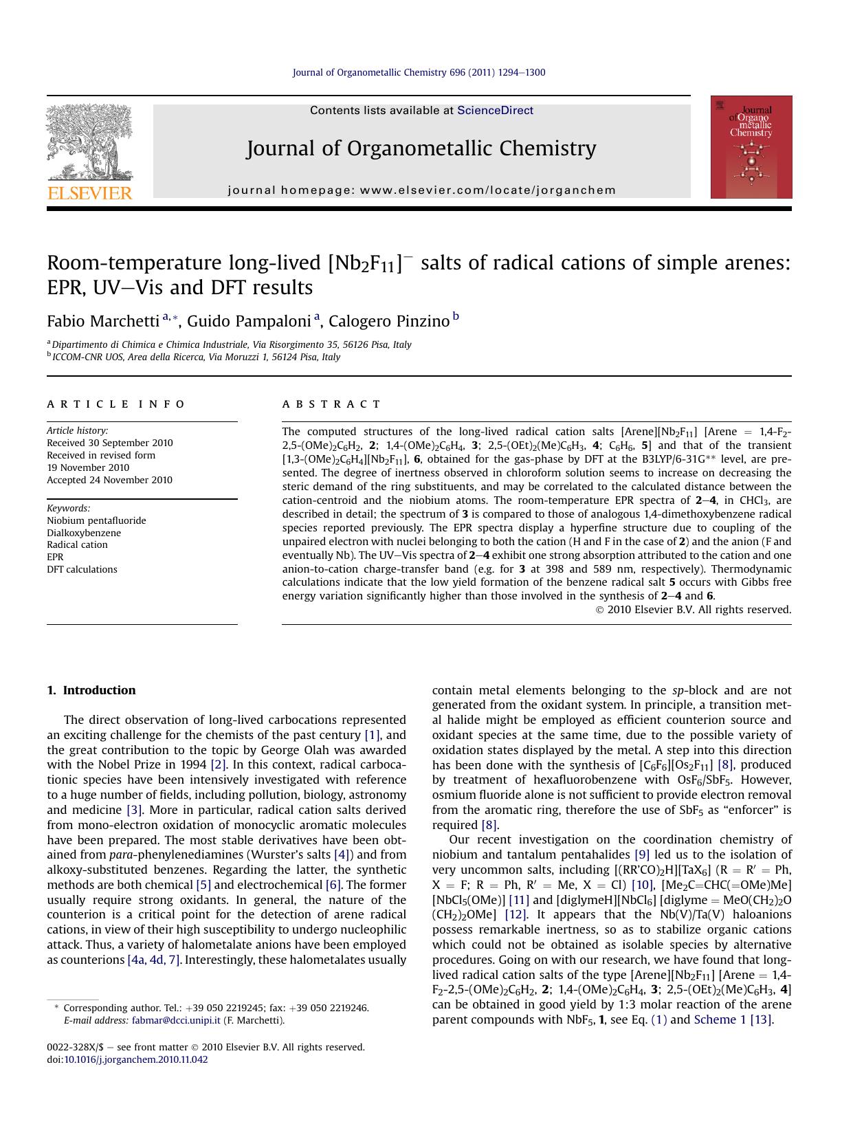 Room-temperature long-lived [Nb2F11]- salts of radical cations of simple arenes: EPR, UV-Vis and DFT results by Fabio Marchetti & Guido Pampaloni & Calogero Pinzino