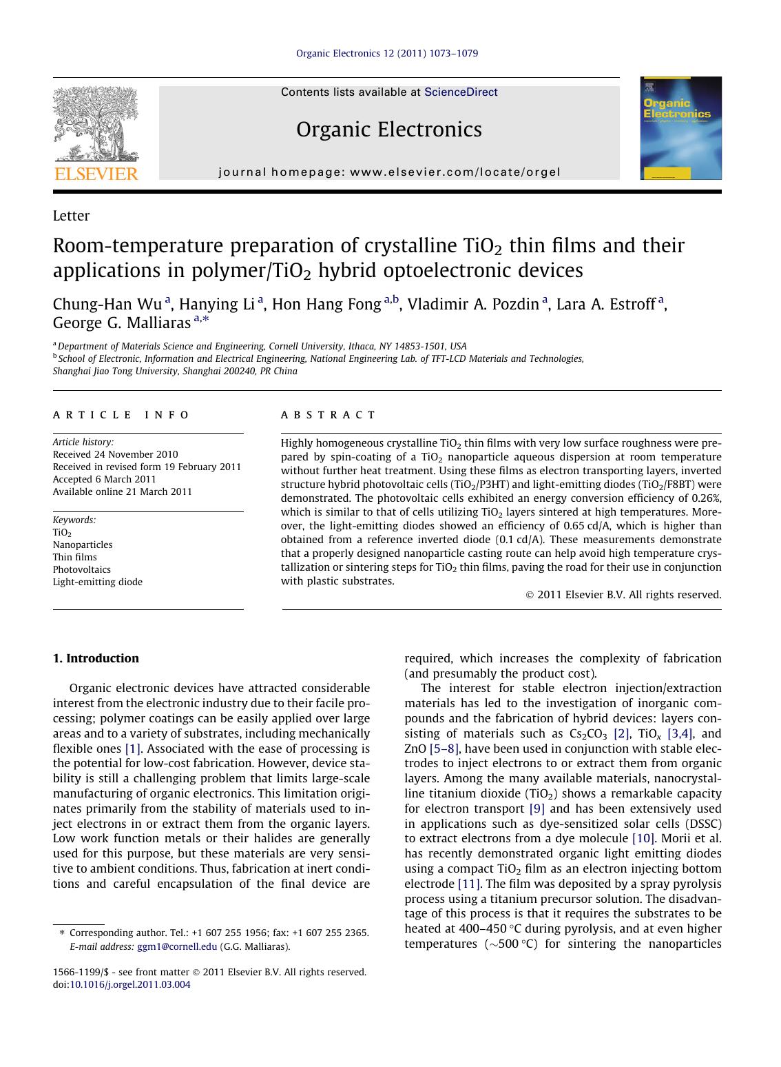 Room-temperature preparation of crystalline TiO2 thin films and their applications in polymerTiO2 hybrid optoelectronic devices by unknow