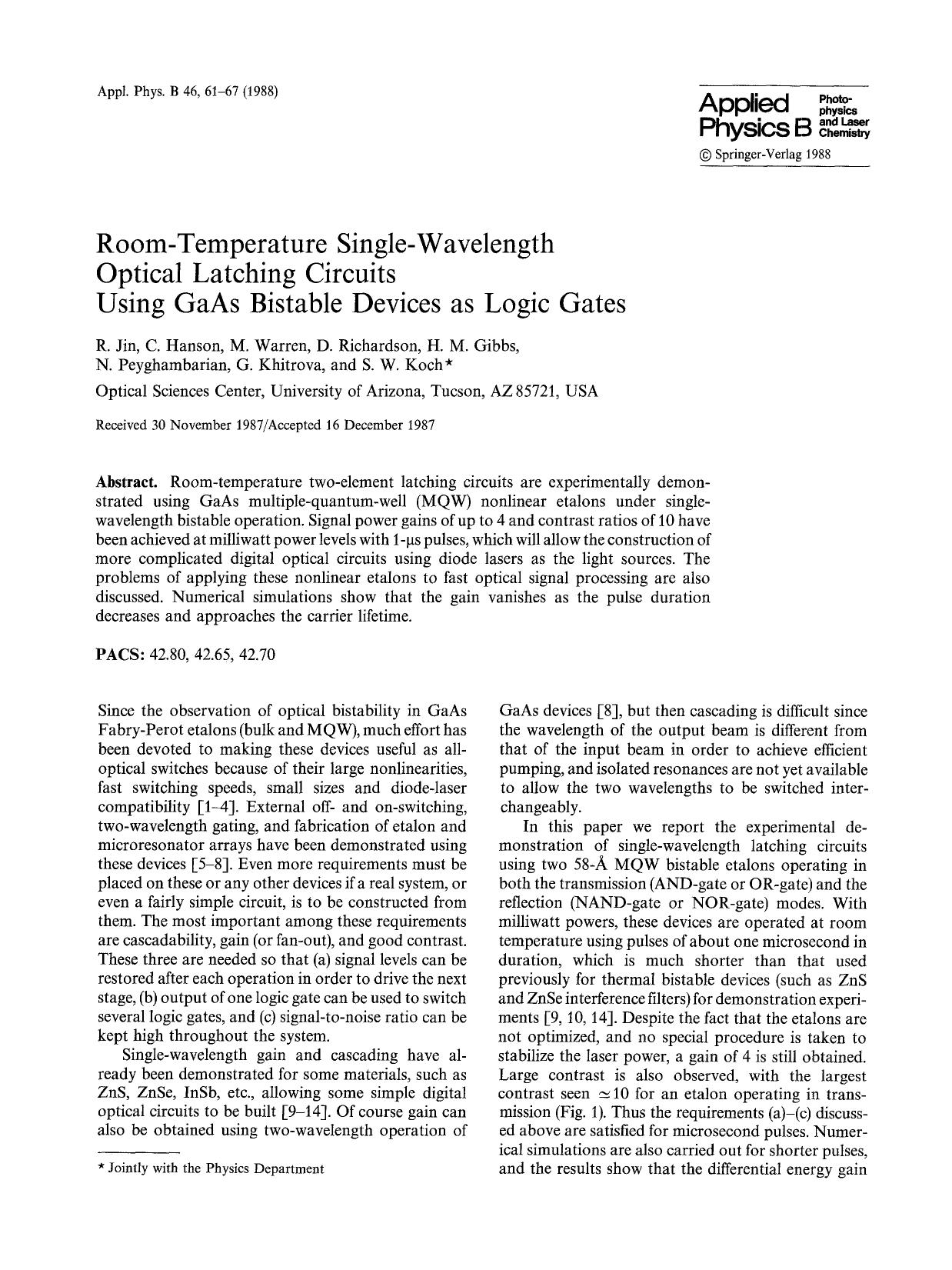 Room-temperature single-wavelength optical latching circuits using GaAs bistable devices as logic gates by Unknown
