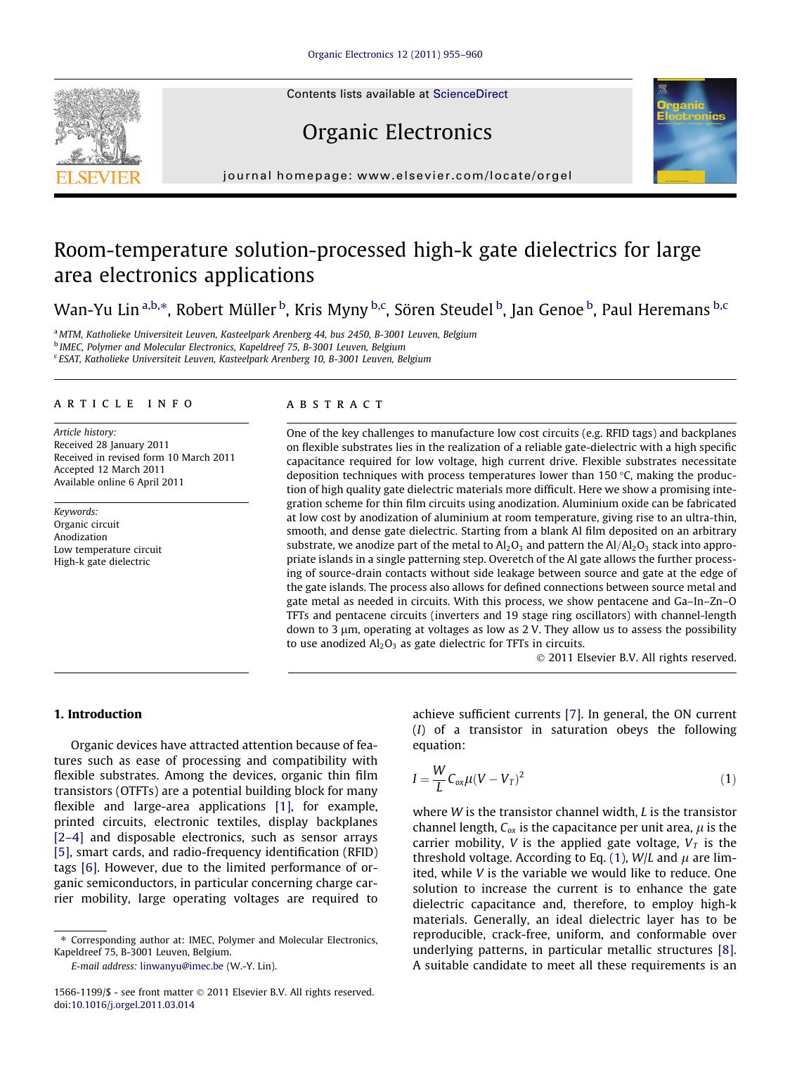 Room-temperature solution-processed high-k gate dielectrics for large area electronics applications by Wan-Yu Lin & Robert Müller & Kris Myny & Sören Steudel & Jan Genoe & Paul Heremans