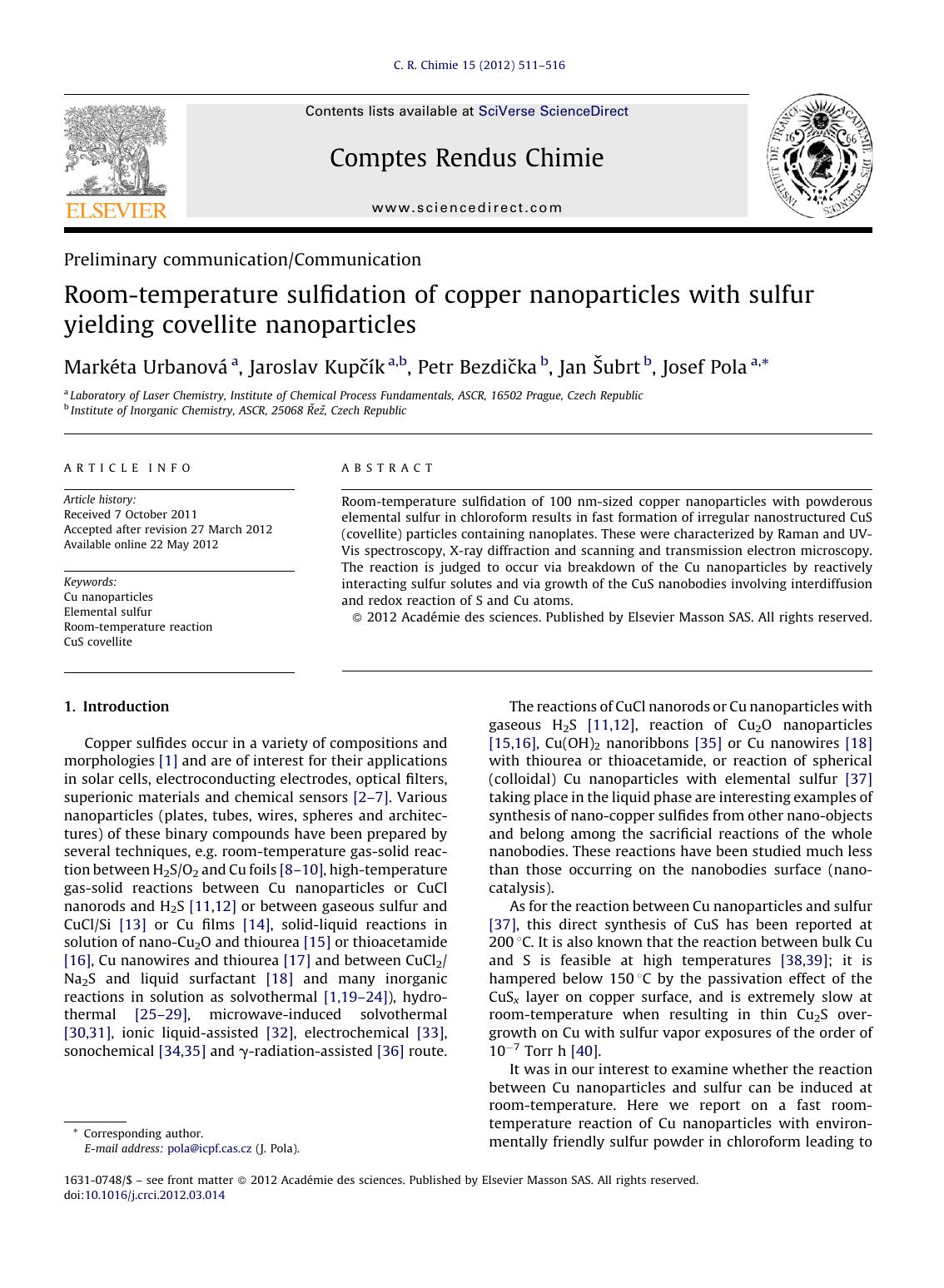 Room-temperature sulfidation of copper nanoparticles with sulfur yielding covellite nanoparticles by Markéta Urbanová