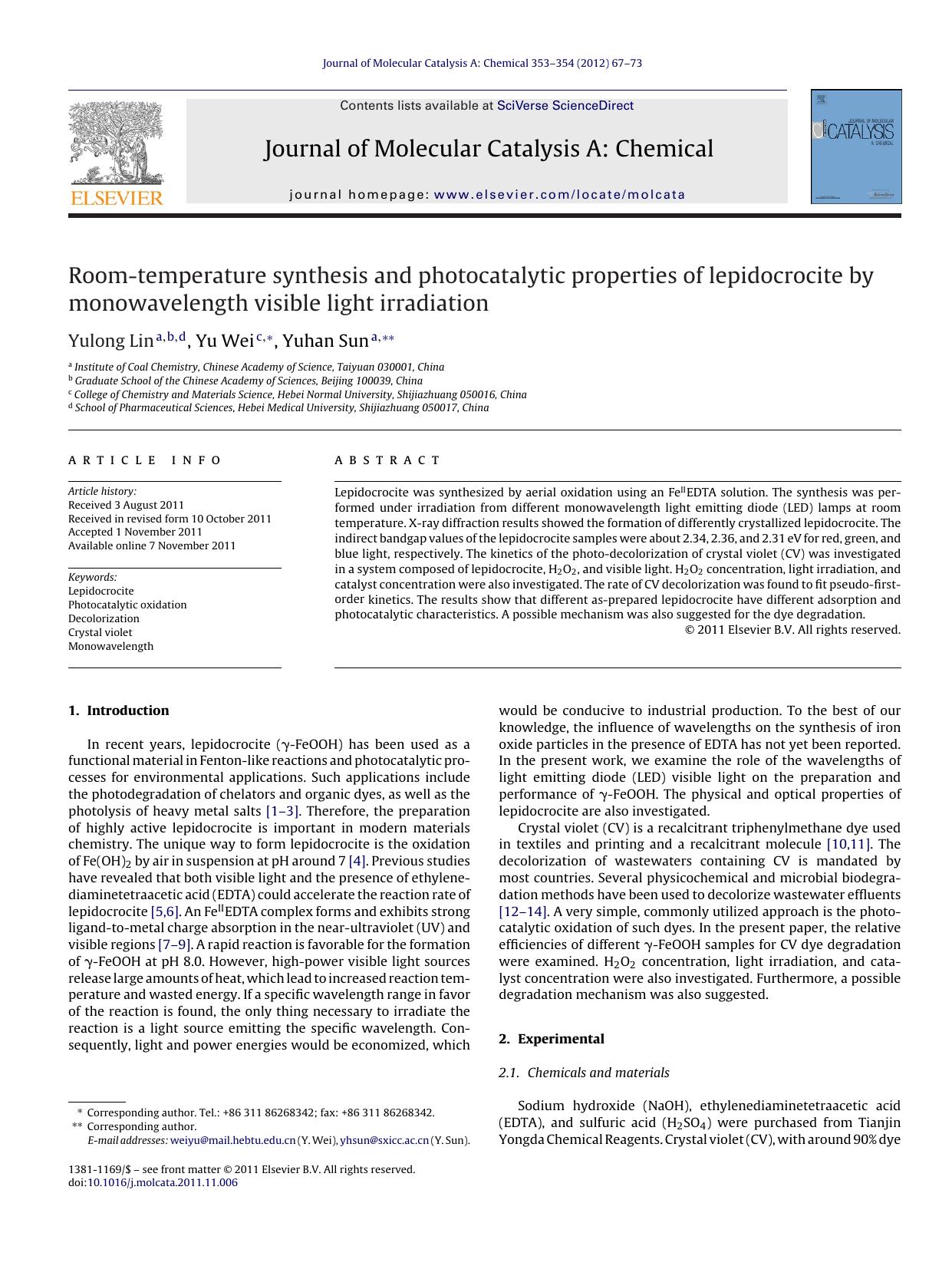 Room-temperature synthesis and photocatalytic properties of lepidocrocite by monowavelength visible light irradiation by Yulong Lin