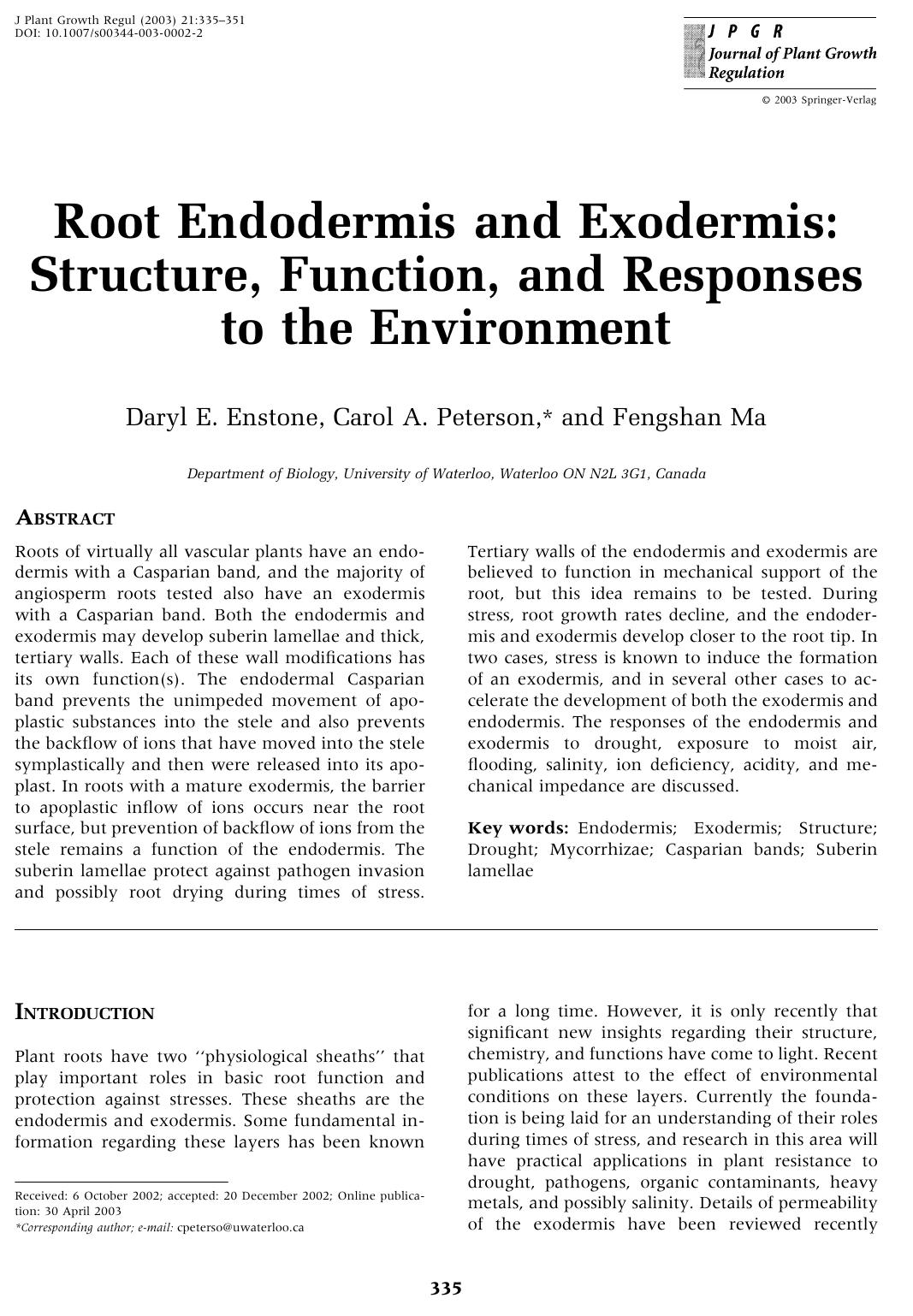 Root Endodermis and Exodermis: Structure, Function, and Responses to the Environment by Enstone D.E. et al