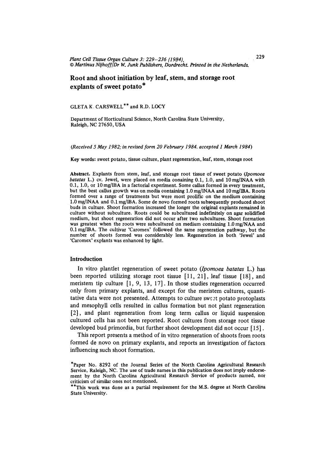 Root and shoot initiation by leaf, stem, and storage root explants of sweet potato by Unknown