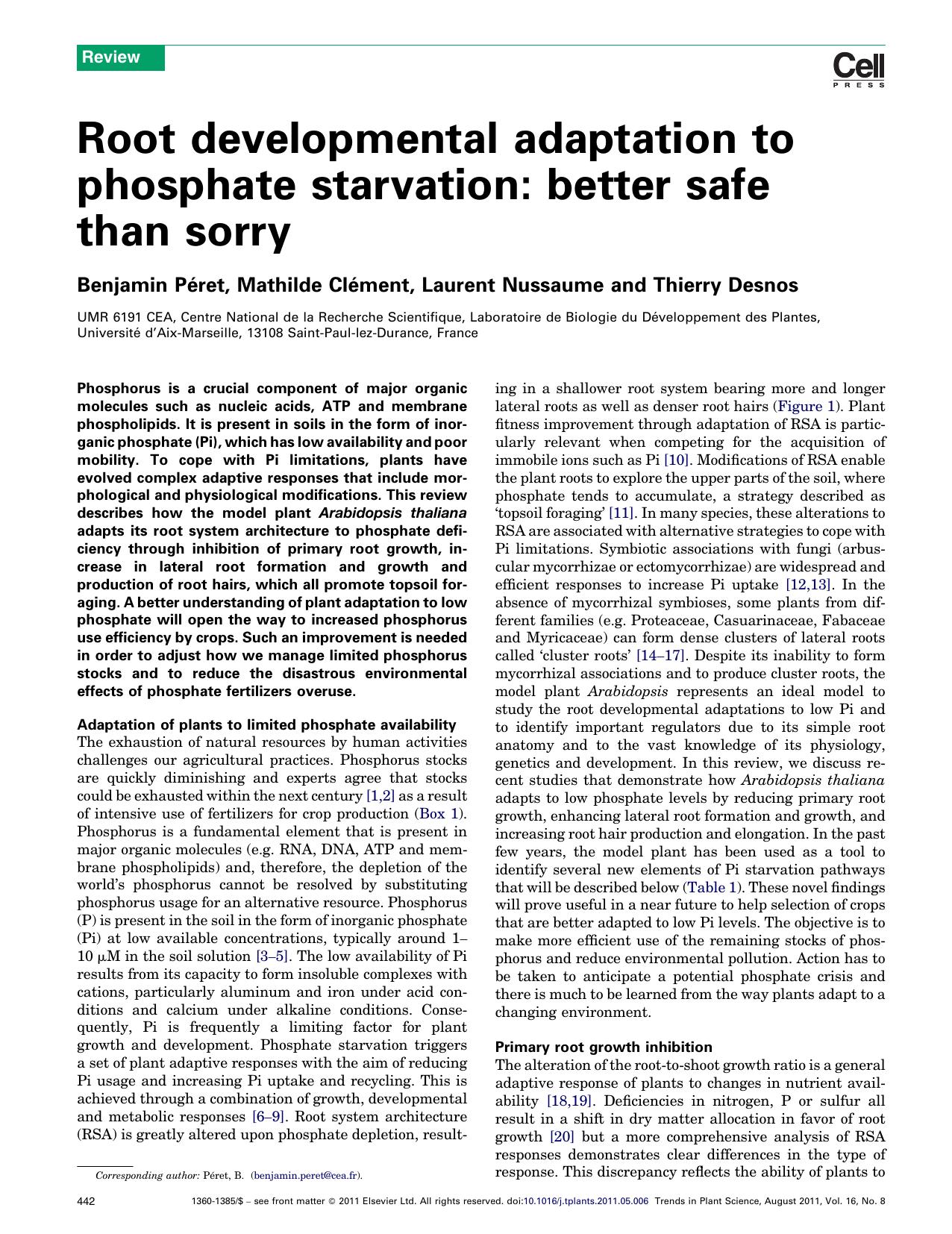 Root developmental adaptation to phosphate starvation: better safe than sorry by Benjamin PÃ©ret