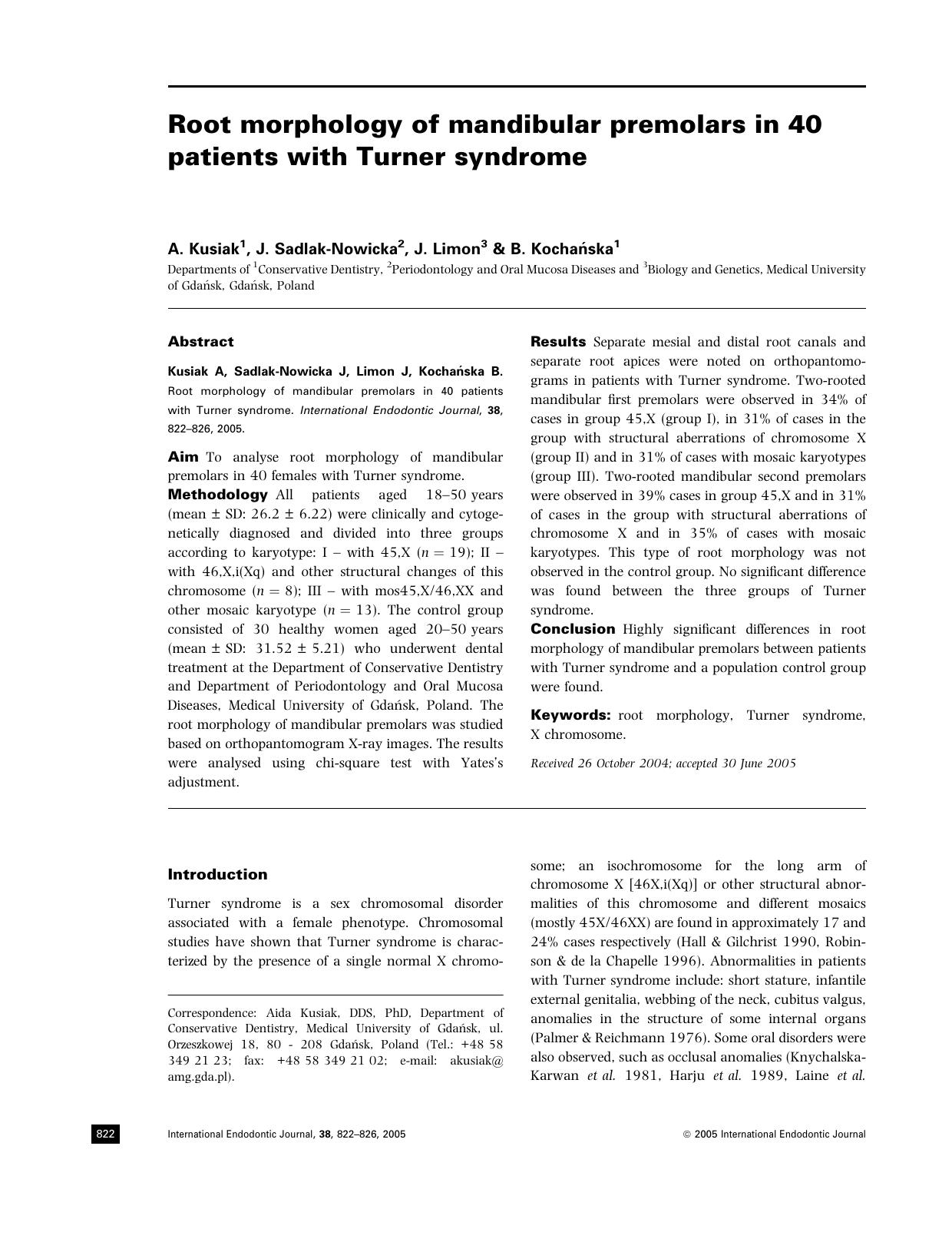 Root morphology of mandibular premolars in 40 patients with Turner syndrome by Unknown