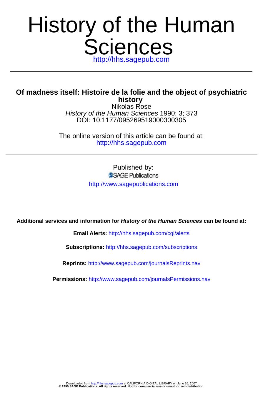 Rose N - Of Madness Itself by Historie de la Folie & the Object of Psychiatric History