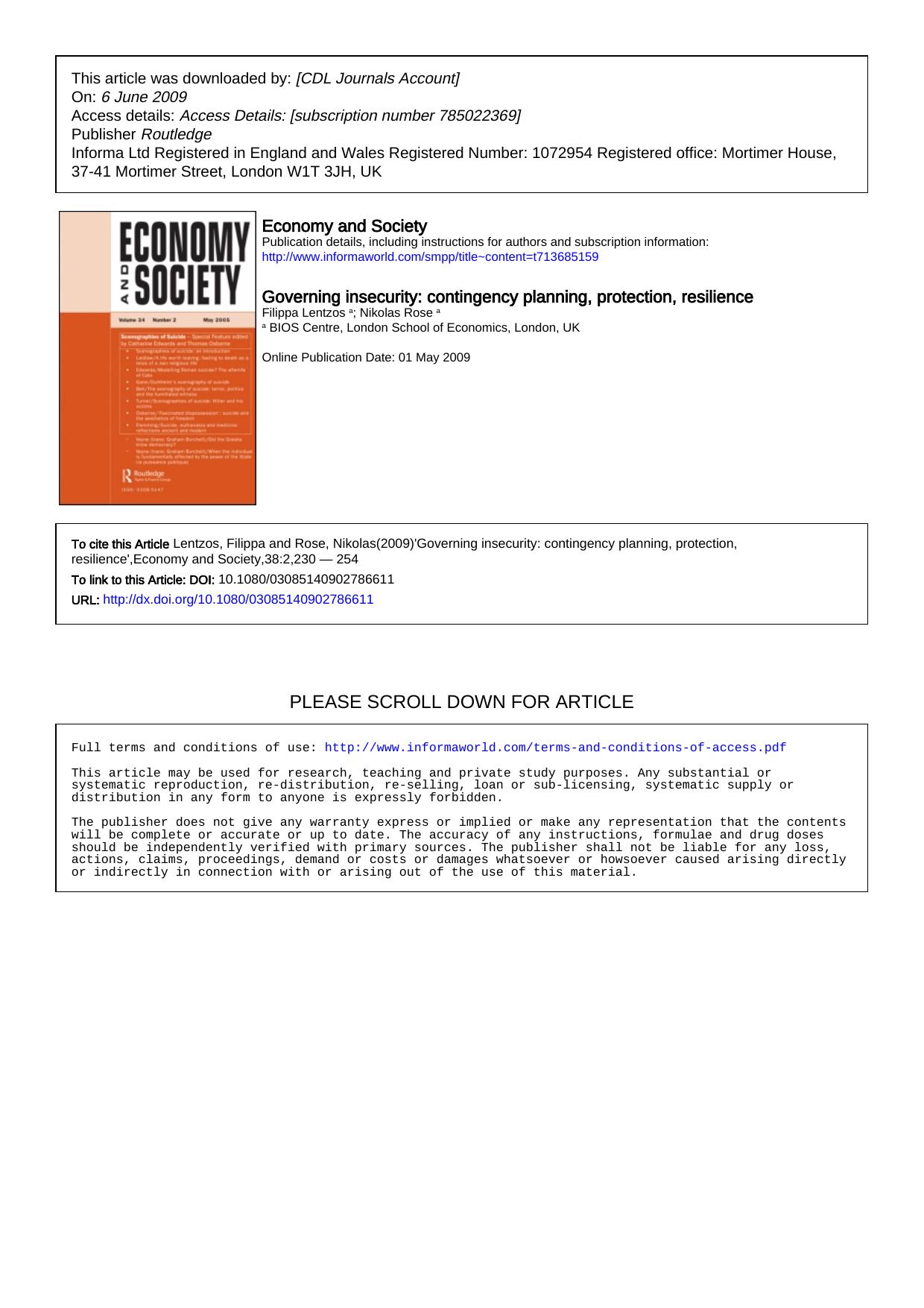 Rose N and Lentzos - Governing Insecurity by Contingency Planning Protection Resilience