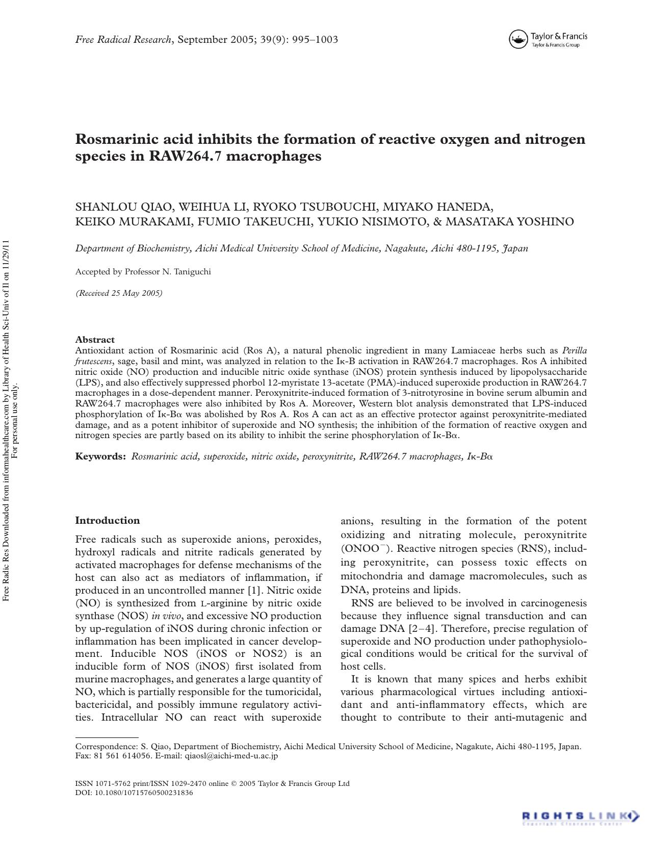 Rosmarinic acid inhibits the formation of reactive oxygen and nitrogen species in RAW264.7 macrophages by unknow