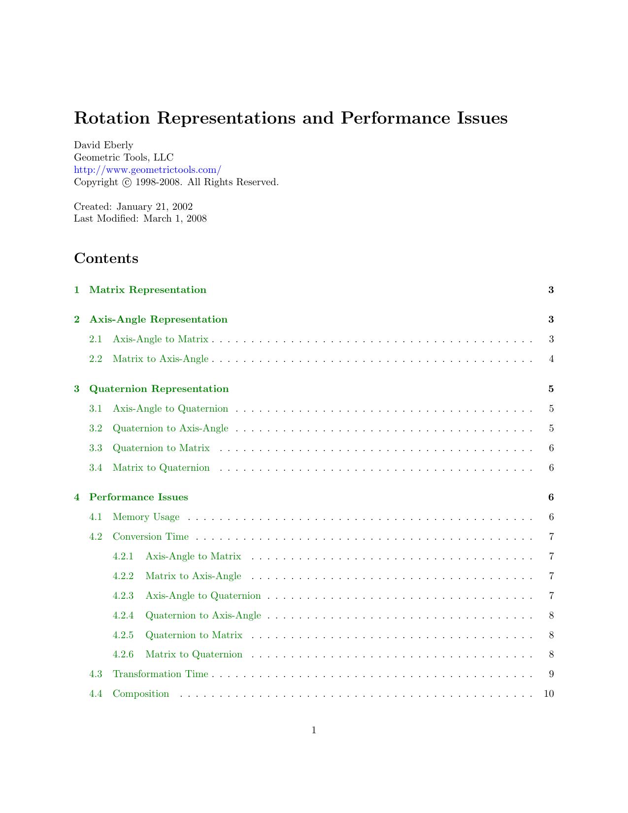 Rotation Representations and Performance Issues by David Eberly