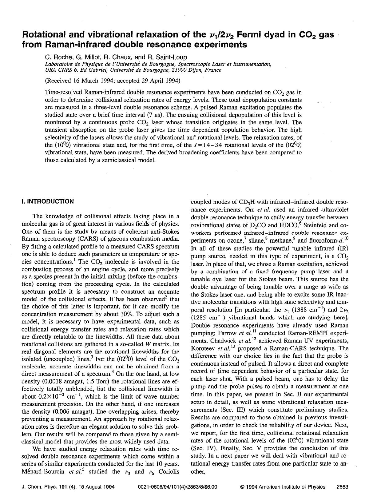 Rotational and vibrational relaxation of the &ngr;12&ngr;2 Fermi dyad in CO2 gas from Raman-infrared double resonance experiments by C. Roche; G. Millot; R. Chaux; R. Saint-Loup