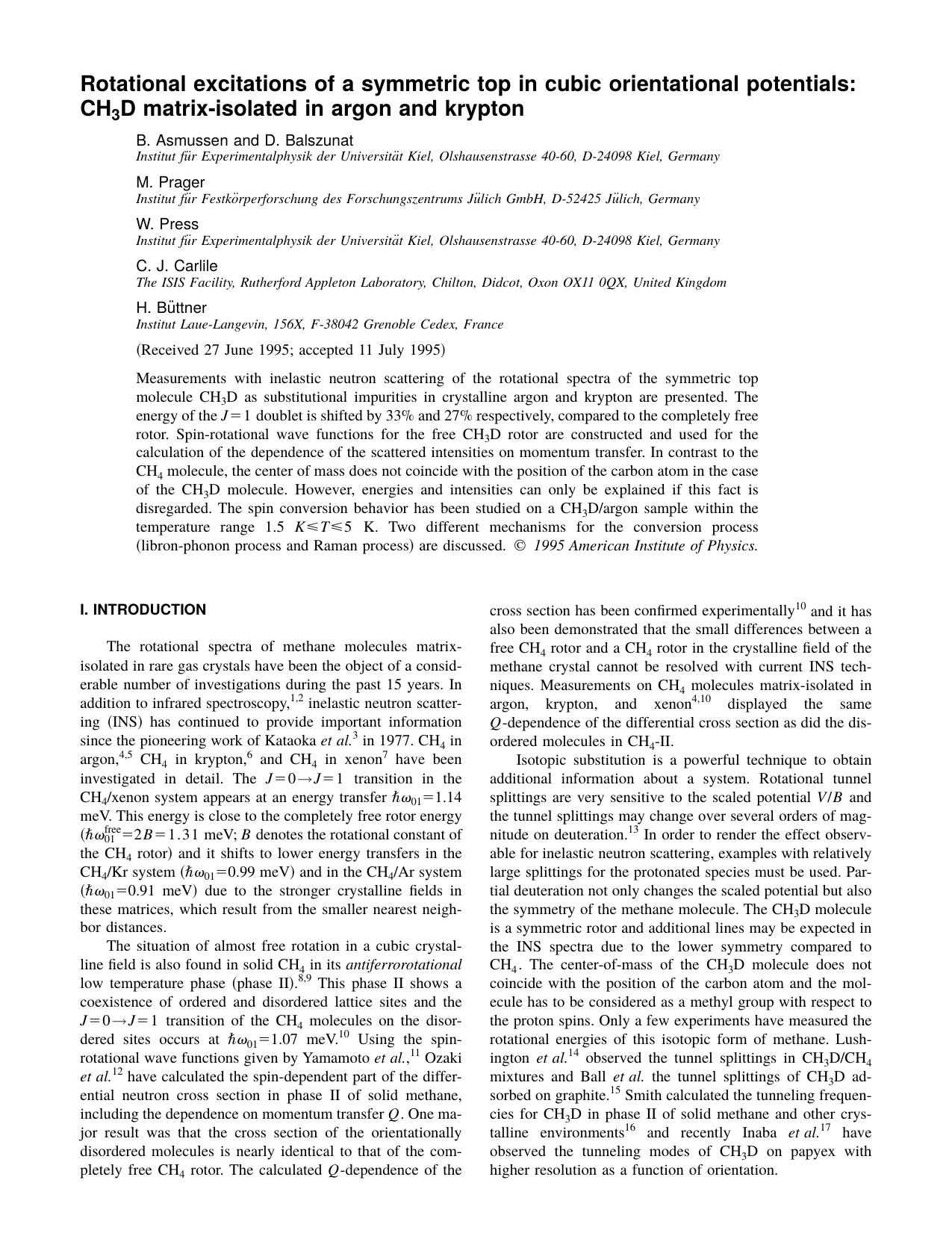 Rotational excitations of a symmetric top in cubic orientational potentials: CH 3 D matrix-isolated in argon and krypton by B. Asmussen and D. Balszunat & M. Prager & W. Press & C. J. Carlile & H. Buttner