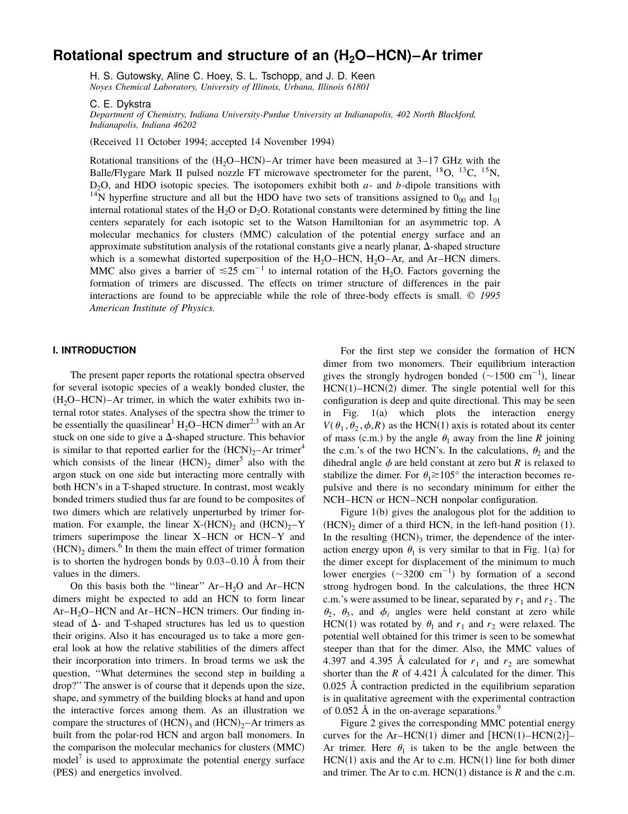 Rotational spectrum and structure of an [H2O-HCN]-Ar by H. S. Gutowsky & Aline C. Hoey & S. L. Tschopp & and
