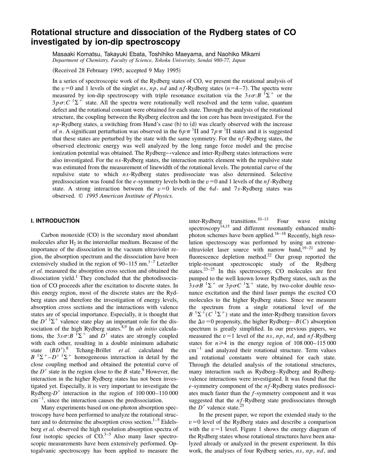 Rotational structure and dissociation of the Rydberg states of CO investigated by ion-dip spectroscopy by Masaaki Komatsu & Takayuki Ebata & Toshihiko Maeyama & and Naohiko Mikami