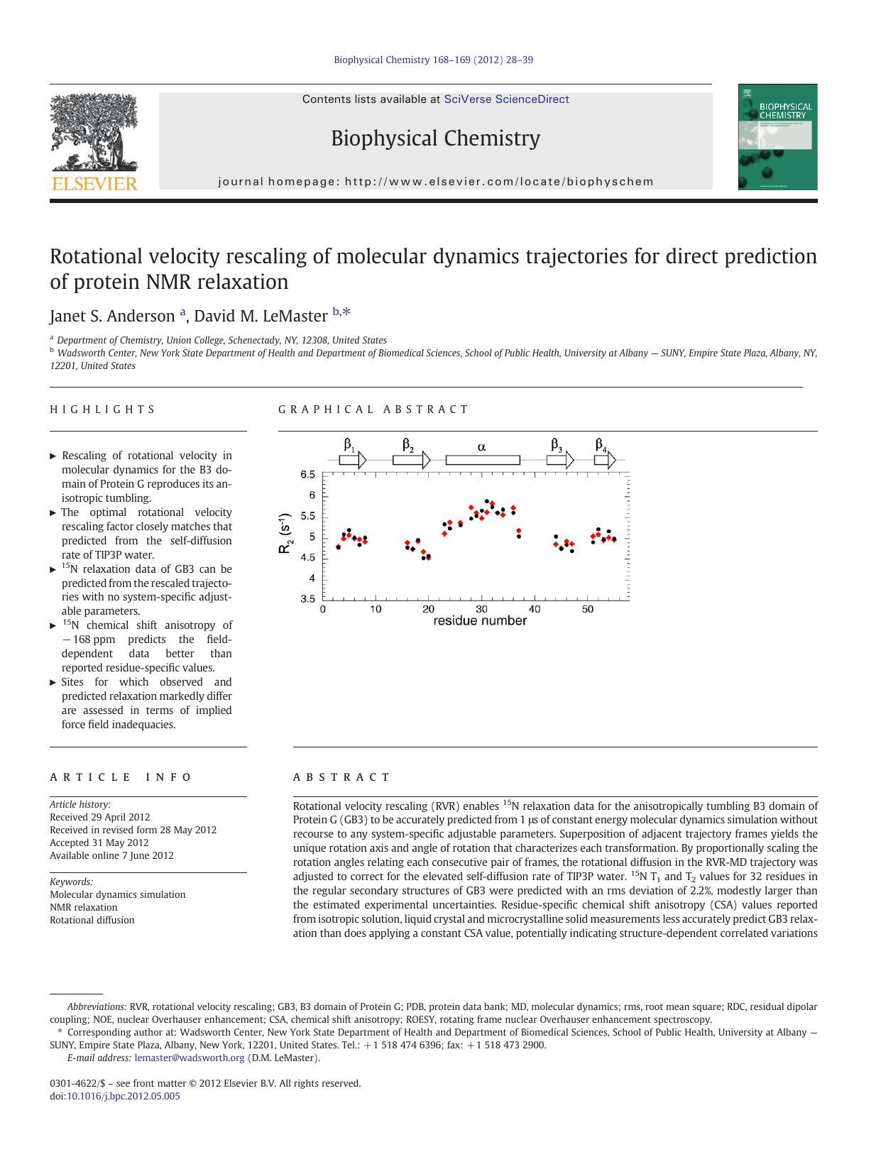 Rotational velocity rescaling of molecular dynamics trajectories for direct prediction of protein NMR relaxation by Janet S. Anderson & David M. LeMaster