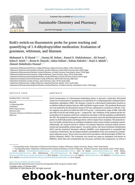Roth's switch-on fluoremetric probe for green tracking and quantifying of 1.4-dihydropyridine medication: Evaluation of greenness, whiteness, and blueness by Mohamed A. El Hamd
