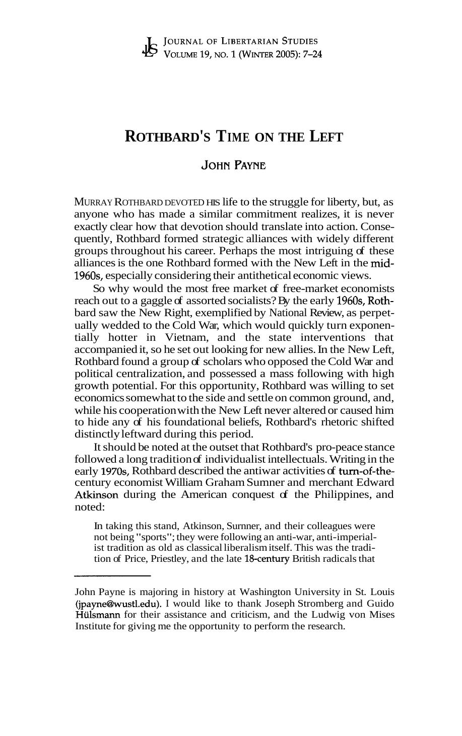 Rothbard's Time on the Left by John Payne