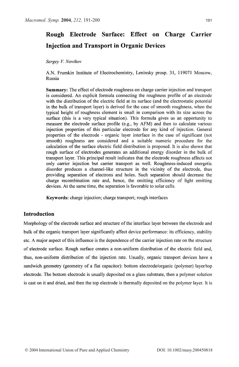 Rough electrode surface: effect on charge carrier injection and transport in organic devices by Unknown