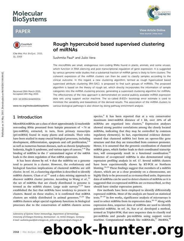Rough hypercuboid based supervised clustering of miRNAs by Sushmita Paul & Julio Vera