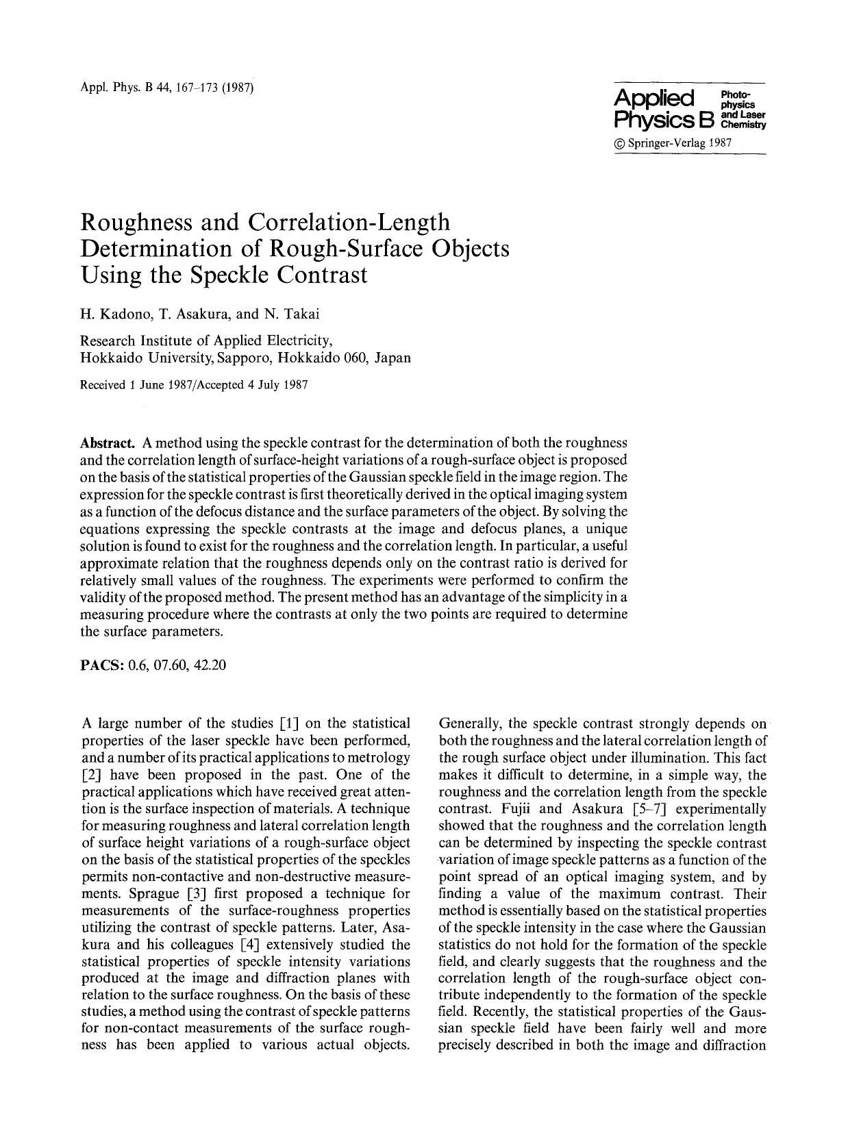 Roughness and correlation-length determination of rough-surface objects using the speckle contrast by Unknown