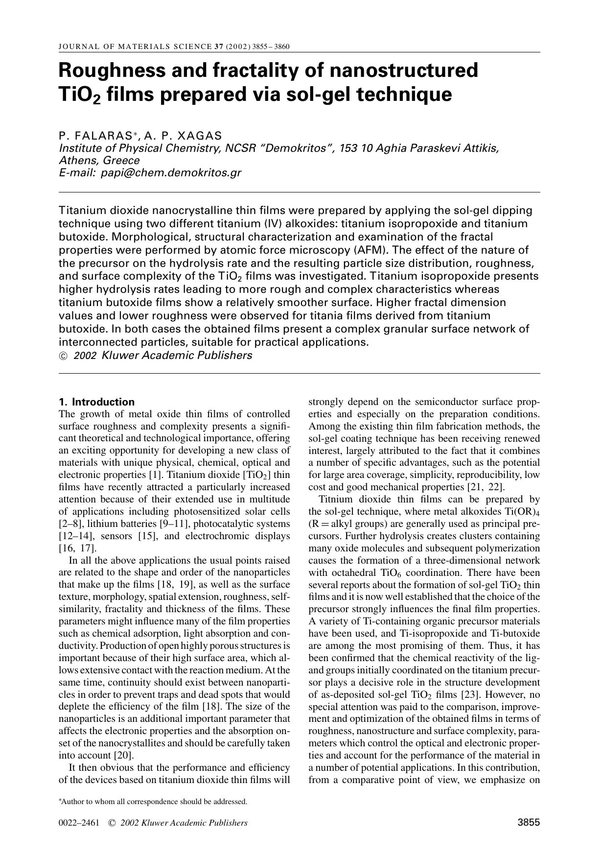Roughness and fractality of nanostructured TiO<Subscript>2<Subscript> films prepared via sol-gel technique by Unknown