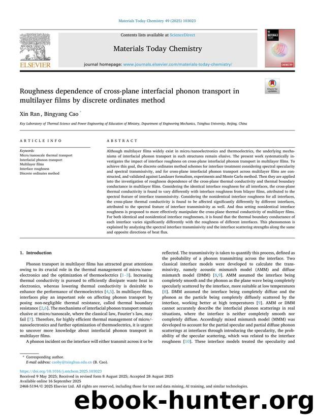 Roughness dependence of cross-plane interfacial phonon transport in multilayer films by discrete ordinates method by Xin Ran & Bingyang Cao